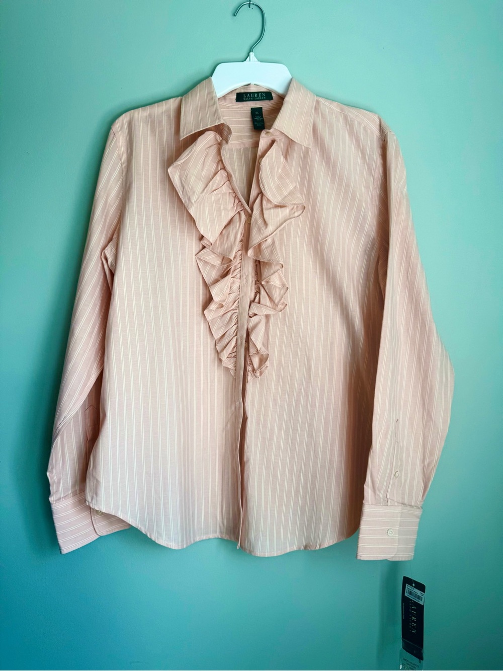 Ralph Lauren Pale Pink Striped Ruffle Detail Front Button-Down Shirt